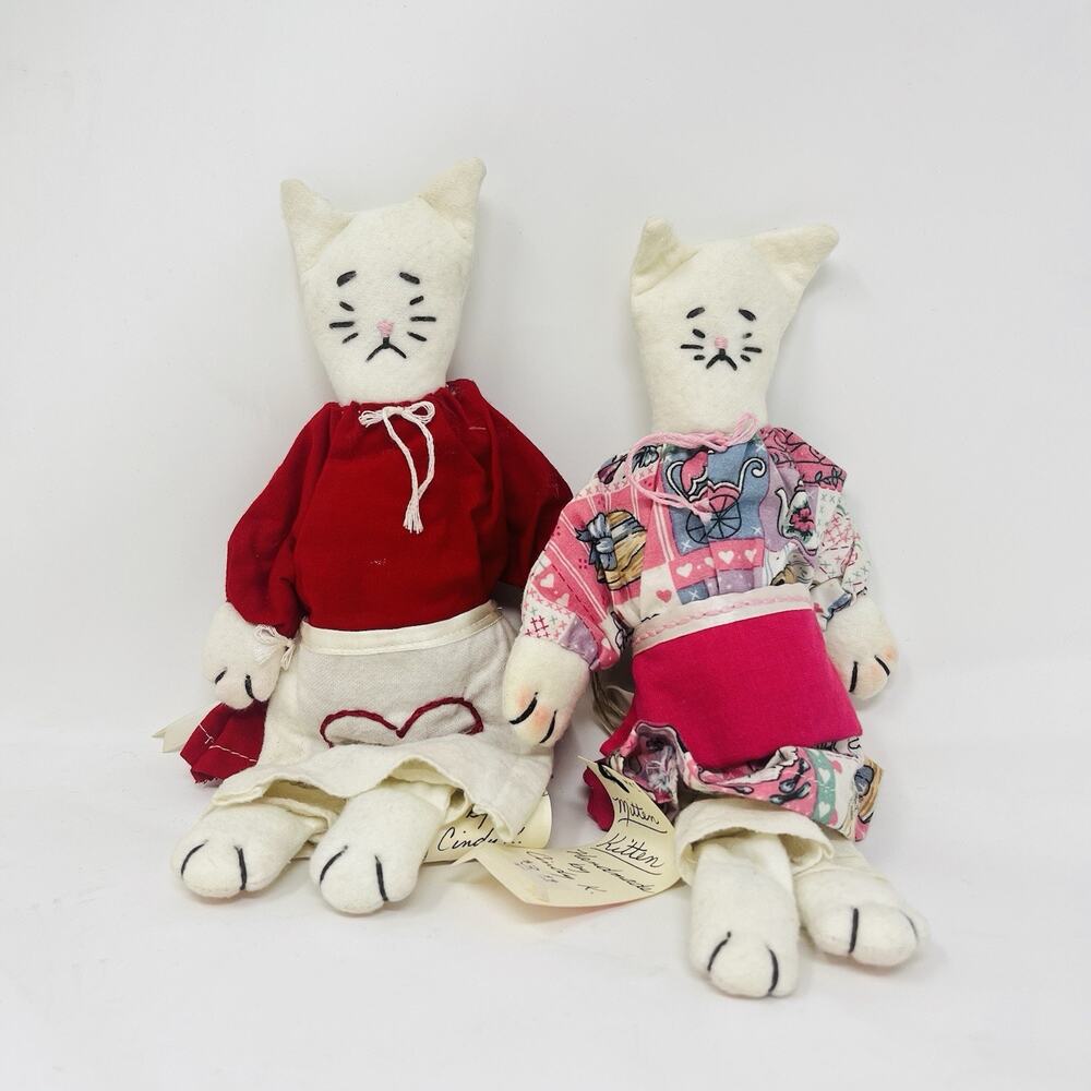 Handmade Canvas Folk Art Cat Stuffed Plush Kitty w/ clothes 10" Mitten Kittens